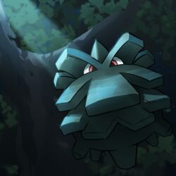  absurdres highres looking_at_viewer night no_humans outdoors pineco pokemon pokemon_(creature) red_eyes solo spicyichizo tree 