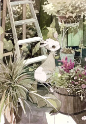  absurdres flower flower_pot from_behind green_theme highres kamonabe_(kamonabeekon) ladder leaf leafeon looking_at_viewer no_humans plant pokemon pokemon_(creature) pokemon_focus potted_plant profile purple_flower sideways_glance sitting solo stepladder table tile_floor tiles 
