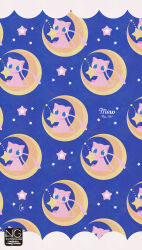 blue_eyes character_print crescent_moon full_body highres holding meme_(sleepsheep) mew mew_(pokemon) moon no_humans pokemon pokemon_(creature) pokemon_focus star_(sky) star_(symbol) tail wallpaper