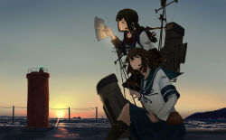  2girls adapted_turret blue_sailor_collar blue_skirt brown_eyes commentary_request folded_ponytail headgear highres holding holding_paper isonami_(kancolle) isonami_kai_ni_(kancolle) kantai_collection kuragare mast miyuki_(kancolle) multiple_girls outdoors paper rigging sailor_collar school_uniform serafuku short_hair skirt smokestack sunrise 