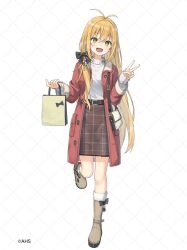  1girl antenna_hair argyle_background bag bag_bow beads belt black_belt black_bow blonde_hair boots bow brown_boots brown_skirt buttons coat commentary_request copyright_name copyright_notice footwear_bow full_body fur-trimmed_boots fur_trim green_eyes hair_beads hair_bow hair_ornament hands_up highres light_blush long_hair miko_fly official_alternate_costume official_art open_mouth paper_bag red_coat shoulder_bag sidelocks skirt smile solo standing standing_on_one_leg sweater sweater_tucked_in tsurumaki_maki two-sided_coat two-sided_fabric v very_long_hair voiceroid white_background white_sweater winter_clothes 