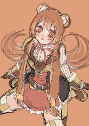  1girl absurdres animal_ear_fluff animal_ears armor belt black_dress blunt_bangs blush boots breasts brown_armor brown_background brown_belt brown_boots brown_gloves brown_hair commentary_request double-parted_bangs dress elbow_gloves from_above full_body gloves hair_between_eyes highres layered_dress leather leather_armor leather_boots leather_gloves long_hair long_sleeves looking_at_viewer looking_up metal_arm_cuffs metal_wrist_cuffs neck_ribbon parted_lips pauldrons pinstripe_dress pinstripe_pattern raccoon_ears raccoon_girl raccoon_tail raphtalia red_dress red_eyes red_ribbon ribbon short_dress shoulder_armor simple_background single_pauldron sitting sketch sleeveless sleeveless_dress small_breasts solo straight_hair tail tate_no_yuusha_no_nariagari thigh_boots two-tone_dress wariza white_dress yukime_(yurumerutu) zettai_ryouiki 