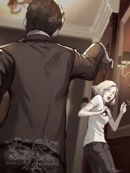  1boy 1girl 5tatsu artist_name back black_hair blonde_hair blue_eyes commentary_request denim dutch_angle flashlight from_behind grace_ashcroft grey_eyes highres holding holding_flashlight indoors jeans looking_at_another open_mouth pants resident_evil resident_evil_requiem shirt surprised sweatdrop wall_lamp watermark white_shirt zombie 
