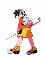  1boy absurdres backpack backwards_hat bag baseball_cap black_hair closed_mouth ethan_(pokemon) fishing_rod from_behind full_body hat highres holding holding_fishing_rod jacket male_focus multicolored_shoes obe_pok2 orange_jacket poke_ball pokemon pokemon_gold/silver/crystal short_hair shorts white_background yellow_eyes yellow_hat yellow_shorts 