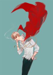  1boy aqua_background black_pants blonde_hair broken cape cigarette commentary_request facial_hair floating_clothes goatee hand_in_pocket highres holding holding_cigarette male_focus one_piece pants profile red_cape sanji_(one_piece) shirt short_hair simple_background solo white_shirt yuu_(1969loy) 