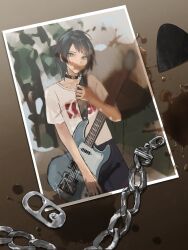  1girl 5-string_bass_guitar bang_dream! bang_dream!_it's_mygo!!!!! bass_guitar black_choker black_hair blue_eyes chain choker extended_range_bass_guitar feiyu30903448 guitar_strap highres instrument object_focus photo_(object) plectrum shirt short_hair short_sleeves solo white_shirt yahata_umiri 