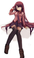  1girl absurdres black_thighhighs breasts brown_shoes deko_morii highres long_hair long_sleeves looking_at_viewer monogatari_(series) naoetsu_high_school_uniform necktie pink_shirt purple_hair purple_necktie school_uniform senjougahara_hitagi shirt shoes simple_background sitting skirt solo thigh-highs tucking_hair white_background 