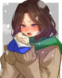  1girl blue_eyes blue_gloves blush border brown_hair cana_alberona commentary_request eating fairy_tail food gloves green_scarf highres holding holding_food long_hair long_sleeves open_mouth scarf snowing solo white_border yumiluna25 