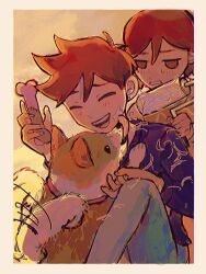  2boys absurdres antenna_hair blue_sweater bone brothers brown_eyes brown_hair closed_eyes dark-skinned_male dark_skin dog double-parted_bangs grey_pants hair_between_eyes hector_(omori) hero_(faraway)_(omori) hero_(omori) highres holding holding_bone kel_(faraway)_(omori) kel_(omori) long_sleeves male_focus milkymilkyshark multiple_boys omori open_mouth pants short_hair siblings sweatdrop sweater teeth upper_teeth_only 