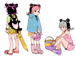  1girl age_regression aged_down bag boots braid bucket commentary crocs english_commentary hair_bun holding holding_bag jojo_no_kimyou_na_bouken kujo_jolyne multicolored_hair orca poncho short_hair single_braid skirt stone_ocean two-tone_hair umbrella white_background xopoli 