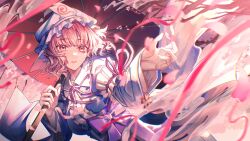  1girl blue_hat blue_kimono commentary english_commentary falling_petals frilled_kimono frills hat highres holding holding_umbrella japanese_clothes kimono long_sleeves looking_at_viewer medium_hair mob_cap neck_ribbon oil-paper_umbrella parted_lips petals pink_eyes pink_hair pink_petals purple_ribbon red_umbrella ribbon saigyouji_yuyuko sleeve_garter solo touhou triangular_headpiece umbrella upper_body wide_sleeves yangsan_(2991076090) 