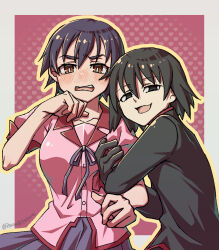 1boy 1girl :d arm_hug artist_name black_eyes black_gloves black_hair blush border bow bowtie breasts bright_pupils brown_eyes collarbone commentary_request embarrassed gakuran gloves grabbing_another's_arm hair_between_eyes hanamonogatari hand_on_own_chin hand_up happy heart heart_background highres isurugiratone large_breasts long_sleeves looking_at_viewer monogatari_(series) naoetsu_high_school_uniform narrowed_eyes neck_ribbon nose_blush open_mouth oshino_ougi outline outside_border pink_background pink_shirt puffy_short_sleeves puffy_sleeves purple_bow purple_bowtie purple_hair purple_ribbon purple_skirt red_trim ribbon school_uniform shirt short_hair short_sleeves signature skirt smile summer_uniform thick_eyebrows twitter_username upper_body v-shaped_eyebrows very_short_hair white_border white_pupils yellow_outline 