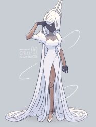  1girl absurdly_long_hair artist_name black_skin breasts colored_skin commentary dark-skinned_female dark_skin dress english_commentary full_body grand_mother_silk_(hollow_knight) grey_background highres hollow_knight hollow_knight:_silksong humanization long_dress long_hair medium_breasts multicolored_skin oru_(0ruru_0ru95) pantyhose simple_background solo standing two-tone_skin very_long_hair watermark white_dress white_eyes 