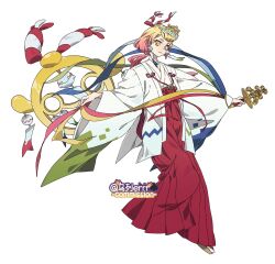  1girl :3 bell blonde_hair blue_eyes chihaya_(clothing) chimecho commentary commission earrings facial_mark full_body gradient_hair hair_ribbon hakama hakama_skirt heterochromia highres holding japanese_clothes jewelry jingle_bell kagura_suzu kimono long_hair looking_at_viewer low_ponytail mega_chimecho mega_stone miko multicolored_hair orange_eyes orange_hair original patterned_clothing pink_hair pokemon pokemon_(creature) ponytail red_hakama ribbon sandals simple_background skirt tiara untranslatable_commentary watermark white_background white_kimono wide_sleeves wulie_errr zouri 