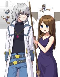  1boy 1girl :d belt black_belt black_shirt blue_eyes broom broom_riding brown_hair castlevania:_aria_of_sorrow castlevania_(series) coat collarbone commentary_request denim dress falling flying_sweatdrops grey_eyes grey_hair highres holding holding_broom jeans jewelry long_hair maruput multiple_belts pants pendant purple_dress shirt smile soma_cruz speech_bubble spoken_character student_witch sweatdrop thought_bubble white_background white_coat 