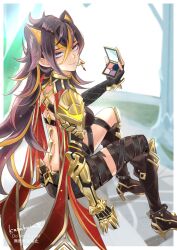  1girl arm_armor armlet asymmetrical_clothes birthday commentary_request criss-cross_halter crossed_bangs crossed_belts dark-skinned_female dark_skin dehya_(genshin_impact) earrings floating_earrings genshin_impact gold_choker hair_ears halterneck happy_birthday highres jewelry karakusa_(ototsukiharu) multicolored_hair multiple_thigh_straps pants pointy_hair single_pantsleg streaked_hair thigh_strap torn_clothes torn_pants yellow_pupils 
