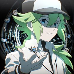  1boy atltax_00 baseball_cap black_background black_hat black_shirt black_wrist_cuffs blue_eyes border dress_shirt english_text facing_to_the_side green_hair hair_between_eyes hat highres long_sidelocks looking_ahead low_ponytail male_focus n_(pokemon) ornate_border outstretched_arm partially_shaded_face partially_unbuttoned pokemon pokemon_black_and_white ponytail shirt shirt_under_shirt sidelocks sleeves_rolled_up upper_body vignetting white_shirt wrist_cuffs 