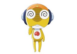  1boy alien colored_skin frog full_body glasses hat headphones keroro_gunsou kururu_(keroro_gunsou) looking_at_viewer no_humans official_art open_mouth orange_hat simple_background solo standing teeth white_background yellow_skin 