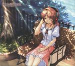  album antenna_hair august_soft bag bekkankou bench blouse blush closed_eyes cover fortune_arterial handbag headphones highres outdoors pink_hair shade sitting skirt 