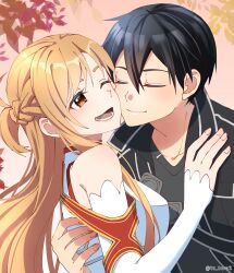  1boy 1girl :d armor artist_name asuna_(sao) black_coat black_hair blush braid brown_eyes brown_hair closed_eyes closed_mouth coat commentary_request detached_sleeves double-parted_bangs dress grey_shirt grey_trim hair_between_eyes half_up_half_down_braid hand_on_another's_back hand_on_another's_chest high_collar highres hug kirito long_hair lower_teeth_only messy_hair one_eye_closed open_clothes open_coat open_mouth parted_bangs red_trim shirt short_hair sleeveless sleeveless_dress sleeves_past_wrists smile straight_hair sword_art_online teeth tongue tu_tora2 turtleneck turtleneck_dress twitter_username upper_body watermark white_armor white_breath white_dress white_sleeves 