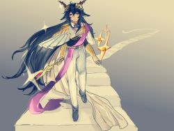  ambience_synesthesia animal_ears arknights black_shirt black_shoes capelet commentary_request ebenholz_(ambience_synesthesia)_(arknights) ebenholz_(arknights) epaulettes expressionless hair_between_eyes holding holding_wand laurel_crown long_hair on_stairs pants purple_sash sash sheep_boy sheep_ears shirt shoes stairs standing user_jmyu7387 vambraces very_long_hair violet_eyes wand white_capelet white_pants 