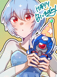  1girl atukute_samui ayanami_rei bare_shoulders birthday blue_dress blue_hair blush commentary_request dotted_background dress english_text halftone happy_birthday hat highres holding holding_stuffed_toy jewelry long_sleeves necklace neon_genesis_evangelion open_mouth outline party_hat red_eyes see-through_clothes sheer_sleeves short_hair snowflakes solo stuffed_toy well.. white_outline yellow_background 