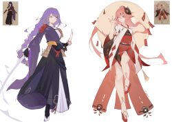  2girls alternate_costume alternate_universe animal_ears arm_guards armor black_gloves blunt_bangs braid canataari closed_mouth commentary concept_art derivative_work double_blade earrings fingerless_gloves fox_ears fox_girl full_body genshin_impact gloves hair_between_eyes highres holding holding_sword holding_weapon japanese_clothes jewelry katana long_sleeves looking_at_viewer looking_to_the_side mask mask_on_head multiple_girls no_mole nontraditional_miko pink_eyes pink_hair raiden_shogun sash screenshot_redraw shade short_sleeves shoulder_armor single_braid sketch skirt sword thighs unfinished violet_eyes weapon white_background wide_sleeves yae_miko yellow_sash 