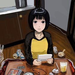  bag beer_can black_hair black_shirt blunt_bangs bob_cut breasts brown_eyes can chopsticks closed_mouth collarbone commentary cooking_pot counter cup drink drink_can food handheld_game_console highres indoors kotatsu light_smile long_sleeves looking_at_viewer looking_up nakahara_misaki nhk_ni_youkoso! nintendo_ds on_floor plastic_bag playing_games playing_video_games raglan_sleeves raised_eyebrows shirt short_hair sitting sketch small_breasts soup t-shirt table trash two-tone_shirt wooden_floor yellow_shirt zukii3_mii_(mizumolasses) 