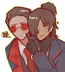  2boys aseah_(project_moon) black_gloves black_hair black_skin blue_coat coat dark_skin green_eyes gubo_(project_moon) hair_over_one_eye looking_at_another looking_away male male_only poking red_eyes red_glasses tied_hair yaoi 