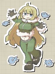  1girl ahoge belt blonde_hair blue_eyes blush brown_shoes coat commentary_request drop_shadow fish fur_trim green_coat green_pants grid_background highres leg_up midriff military_uniform muku_(d4uydnvxygxewu3) nose_blush pants shoes shoujo_shuumatsu_ryokou solo standing standing_on_one_leg yuuri_(shoujo_shuumatsu_ryokou) 