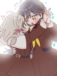  2girls :d blue_eyes brown_dress ceras_yanagida_lilienfeld col_person commentary cowboy_shot dress edel_note eye_contact flying_sweatdrops grey_hair hair_ornament hair_ribbon hand_on_another's_waist hasu_no_sora_school_uniform highres holding_hands interlocked_fingers jellyfish_cut katsuragi_izumi link!_like!_love_live! long_hair looking_at_another love_live! multiple_girls open_mouth orange_eyes pink_ribbon ribbon sailor_collar sailor_dress school_uniform simple_background slit_pupils smile sparkle squeans sweatdrop triangle_hair_ornament untranslatable_commentary virtual_youtuber white_background white_sailor_collar winter_uniform yuri 