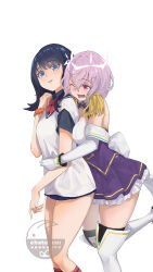 2girls absurdres artist_name black_hair black_shirt black_thighhighs blue_eyes blue_sky boots bow bowtie breasts chatutuan commentary_request dress epaulettes gloves gridman_universe gridman_universe_(movie) halo highres holding_hands hug hug_from_behind large_breasts long_hair medium_hair multiple_girls orange_scrunchie pink_halo pleated_skirt purple_dress purple_hair red_bow red_bowtie red_eyes red_socks scrunchie shinjou_akane shinjou_akane_(new_order) shirt skirt sky smile socks takarada_rikka thigh-highs thigh_boots watermark white_background white_boots white_gloves wrist_scrunchie yuri 
