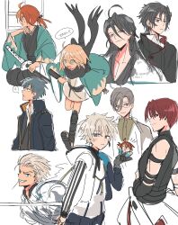  absurdres ahoge aqua_haori arm_guards bicep_strap black_bow black_coat black_hair black_hakama black_kimono black_scarf black_suit blonde_hair blue_eyes bow braid brown_hair brown_kimono clothes_around_waist coat collared_coat curtained_hair earrings fate/grand_order fate_(series) fujimaru_ritsuka_(female) fujimaru_ritsuka_(female)_(teal_uniform) fur_shawl glasses grey_hair hair_between_eyes hair_bow hair_pulled_back hair_slicked_back hakama haori harada_sanosuke_(fate) highres hijikata_toshizou_(fate) hood hooded_jacket jacket jacket_around_waist japanese_clothes jewelry katana kimono kondou_isami_(fate) kondou_isami_(white_kotetsu)_(fate) long_hair_between_eyes low_ponytail mouth_hold nagakura_shinpachi_(fate) obi okita_souji_(fate) okita_souji_(koha-ace) okita_souji_(third_ascension)_(fate) open_clothes open_jacket orange_eyes orange_hair ponytail prosthesis prosthetic_arm red_hair saitou_hajime_(fate) saitou_hajime_(first_ascension)_(fate) sash scar scar_on_face scar_on_forehead scarf shawl shinsengumi_(fate) shirt_under_kimono short_kimono single_braid single_earring siokuran sketch sleeveless stalk_in_mouth suit sweat sword toudou_heisuke_(fate) triple_vertical_stripe weapon white_background white_hair white_jacket white_kimono yamanami_keisuke_(fate) 