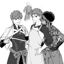  4boys alter_servant angra_mainyu_(fate) archer_(fate) commentary_request corruption dark_persona emiya_shirou fate/grand_order fate/hollow_ataraxia fate/stay_night fate_(series) full-body_tattoo gyogyo_hjj korean_commentary lineart monochrome multiple_boys multiple_persona senji_muramasa_(fate) tattoo topless_male 