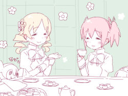  3girls akemi_homura blonde_hair blush bow charlotte_(madoka_magica) closed_eyes cup drinking flower hair_bow hair_ornament holding holding_cup kaname_madoka long_sleeves mahou_shoujo_madoka_magica maid_headdress mitakihara_school_uniform muhogame multiple_girls pink_hair plate school_uniform shirt simple_background tea teapot third-party_source tomoe_mami white_shirt 