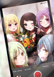  5girls absurdres asahi_rise ave_mujica_(bang_dream!) bang_dream! bang_dream!_it's_mygo!!!!! black_choker black_hair black_jacket blonde_hair blue_eyes blush bouquet cellphone chibigurumi choker chromatic_aberration closed_mouth commentary earrings green_hair hair_between_eyes hand_on_another's_shoulder highres holding holding_bouquet jacket jewelry licking_lips medium_hair misumi_uika multiple_girls one_eye_closed open_mouth phone purple_hair red_eyes sidelocks smartphone togawa_sakiko tongue tongue_out violet_eyes wakaba_mutsumi yahata_umiri yellow_eyes yuutenji_nyamu 