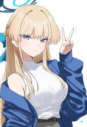  1girl alternate_costume blonde_hair blue_archive blue_bow blue_eyes blue_halo blue_jacket bow breasts casual commentary hair_bow halo hand_up highres illustratorhide jacket large_breasts long_hair looking_at_viewer simple_background single_off_shoulder sleeveless sleeveless_sweater solo sweater toki_(blue_archive) upper_body v white_background white_sweater 