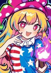  1girl american_flag american_flag_dress american_flag_print blonde_hair clownpiece commentary_request dress fang flag_print hat holding holding_torch jester_cap kukurukurukuru long_hair looking_at_viewer nail_polish neck_ruff open_mouth pink_nails polka_dot_headwear print_dress solo star-shaped_pupils star_(symbol) star_print striped_clothes symbol-shaped_pupils torch touhou 