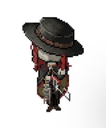  1boy aleph_(reverse:1999) black_cape black_hat black_pants boots brown_boots cape commentary_request full_body gloves grey_mask hacksaw hat holding_saw long_hair male_focus merlin_(reverse:1999) pants pixel_art red_gloves red_hair reverse:1999 saw solo standing white_background xjsbca 