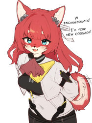  1girl absurdres akekuri_(arknights) animal_ears arknights arknights:_endfield arms_behind_back ascot blue_eyes breasts commentary covered_navel curled_tail dog_ears dog_girl dog_tail english_text furrification furry furry_female highres lilkon long_hair medium_breasts motion_lines red_ascot red_fur red_hair shiba_inu simple_background tail thick_eyebrows white_background white_fur 