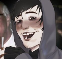  :d bags_under_eyes beard_stubble black_eyes black_gloves black_hair black_shirt cigarette commentary cry_of_fear facial_hair fingerless_gloves gloves grey_hoodie grin highres holding holding_cigarette hood hood_up hoodie nekron171106 photo_background portrait shirt short_hair simon_henriksson smile stubble 