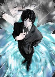  1boy absurdres adjusting_clothes adjusting_necktie arm_behind_back black_jacket black_necktie black_suit collared_shirt commentary english_commentary from_above full_body highres jacket lun5rtic male_focus mordret_(shadow_slave) necktie shadow_slave shirt solo suit white_shirt 