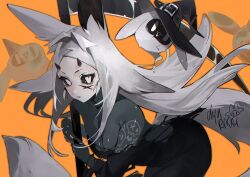  1girl animal_ears black_bodysuit black_dress bodysuit bodysuit_under_clothes breasts chatblin_(dyarikku) colored_skin colored_tongue commentary demon_horns dress dyarikku dyarikku_(vtuber) english_commentary facial_mark fox_ears fox_girl grey_hair grey_skin hat horns indie_virtual_youtuber large_breasts leaning_forward long_hair looking_at_viewer open_mouth orange_background purple_tongue scythe self-portrait skin_tight very_long_hair virtual_youtuber white_eyes witch_hat x_(symbol) x_facial_mark 