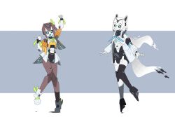  2girls :d aqua_eyes arms_at_sides black_sclera blue_eyes brown_hair clenched_hands closed_mouth colored_sclera commentary deevious_deevi english_commentary fist_pump floating full_body highres hologram hololive joints looking_at_viewer mechanical_ears mechanical_hair mechanization multiple_girls natsuiro_matsuri natsuiro_matsuri_(1st_costume) open_hands open_mouth robot_girl robot_joints shadow shirakami_fubuki shirakami_fubuki_(1st_costume) simple_background smile standing standing_on_one_leg tail virtual_youtuber white_hair 