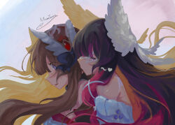  2girls bare_shoulders black_collar black_hair black_sleeves blue_eyes blush bonnet breasts brown_hair collar columbina_(genshin_impact) commentary detached_collar detached_sleeves dress eye_mask genshin_impact hair_ornament head_wings headdress heart highres hug hug_from_behind imminent_kiss kitsunetenma long_hair long_sidelocks mask multicolored_hair multiple_girls multiple_wings open_mouth purple_hair purple_streaks ribbon sandrone_(genshin_impact) see-through_clothes see-through_mask short_hair_with_long_locks sidelocks streaked_hair tears two-tone_hair untranslatable_commentary unusually_open_eyes very_long_hair violet_eyes white_dress white_headdress white_mask white_wings wing_hair_ornament wings x-shaped_eyewear yuri 