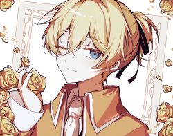  1boy ;) aku_no_meshitsukai_(vocaloid) aku_no_musume_(series) aku_no_musume_(vocaloid) allen_avadonia art_waven black_ribbon blonde_hair blue_eyes bright_pupils chromatic_aberration clip_studio_paint_(medium) closed_mouth collared_jacket collared_shirt colored_eyelashes commentary crossed_bangs double-parted_bangs english_commentary falling_petals film_grain floral_background flower hair_between_eyes hair_ribbon hand_up high_ponytail highres holding holding_flower jacket kagamine_len male_focus nail_polish necktie one_eye_closed open_clothes open_jacket orange_jacket pale_skin petals ponytail portrait ribbon rose shirt short_hair short_ponytail sidelocks simple_background smile solo twitter_username vocaloid white_background white_necktie white_pupils white_shirt white_trim wide_sleeves yellow_flower yellow_nails yellow_petals yellow_rose 