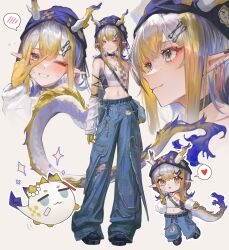  1girl absurdres alternate_costume aqua_eyes arknights arm_warmers bandaid bandaid_on_face belt black_shoes blonde_hair blue_hair blue_hat blush chain collarbone colored_extremities colored_skin commentary deformed denim dragon_bean_(arknights) dragon_girl dragon_horns dragon_tail earclip earrings eastern_dragon_horns eastern_dragon_tail english_commentary eyeliner grey_hair hat heart highres horns jeans jewelry liebebento_(dosilan) loose_pants makeup midriff multicolored_hair multiple_views navel necklace one_eye_closed orange_eyeliner pants pendant_choker pointy_ears shoes shu_(arknights) sidelocks spoken_blush spoken_heart strapless sweat tail tube_top v white_arm_warmers yellow_hands 