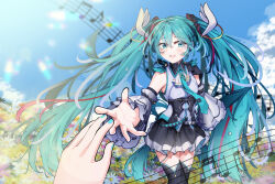  2girls absurdres aqua_eyes aqua_hair aqua_nails aqua_necktie aqua_trim black_thighhighs clouds cloudy_sky collared_shirt commentary day detached_sleeves fingernails grey_shirt hair_between_eyes hair_ornament hatsune_miku hatsune_miku_expo highres long_hair looking_at_viewer multicolored_hair multiple_girls musical_note musical_staff nail_polish necktie outdoors pink_hair pov pov_hands reqware shirt sky sleeveless sleeveless_shirt smile streaked_hair thigh-highs vocaloid 