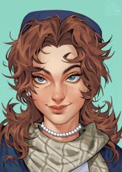  1girl blue_eyes blue_hat blue_jacket brown_hair earrings green_scarf hat highres jacket jewelry marvel marvel_rivals medium_hair messy_hair necklace pearl_earrings pearl_necklace redgreengoblin scarf shirt simple_background single_earring smile solo sue_storm sue_storm_(riann_landau_the_debater) white_shirt 