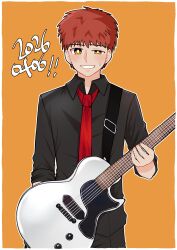  1boy absurdres electric_guitar emiya_shirou fate/stay_night fate_(series) green_day guitar highres holding holding_guitar holding_instrument holding_plectrum instrument male_focus plectrum red_hair smile solo song_yuzin 
